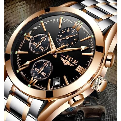 LIGE 9839 Mens Luxury Military Multifunction Sport Watches Quartz Clock Full Steel Casual Fashion Business Wristwatch Male
