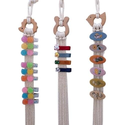 Cartoon Macrame Wooden Hair Bow Holder Girl Clip Bow Organizer Wall Hanging Decor For Baby Girls Room Decorations