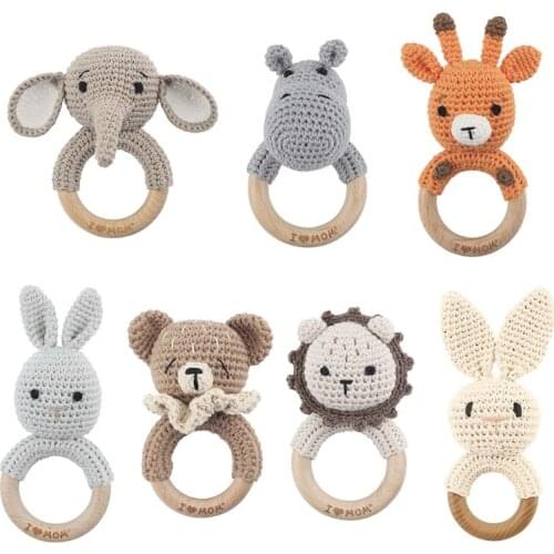 Baby Wooden Teether Ring DIY Crochet Animal Rattle Toy Teething Nursing Soother