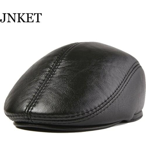 JNKET New Autumn Winter Men Cowhide Peaked Cap Earflap Warm Cap Flat Cap Beret Hat Outdoor Windproof Waterproof Hat Casquette