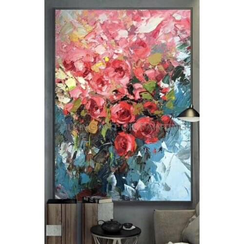 Painter Handmade Oil Painting on Canvas Modern Knife Red Flower Wall Painting for Living Room Decor Beautiful Flower Paintings