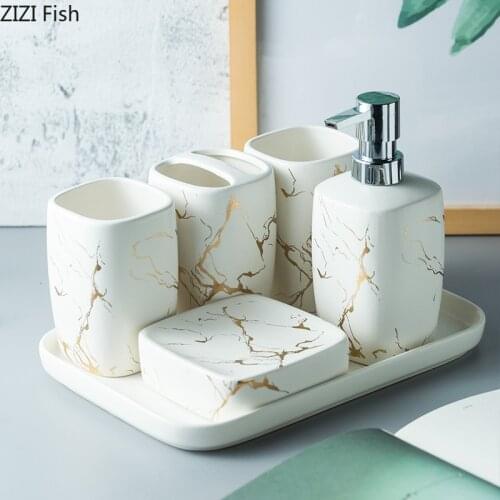Ceramic Frosted Gold Marble Bathroom Accessory Set Washing Tools Bottle Mouthwash Cup Soap Toothbrush Holder Tray Luxurious Set