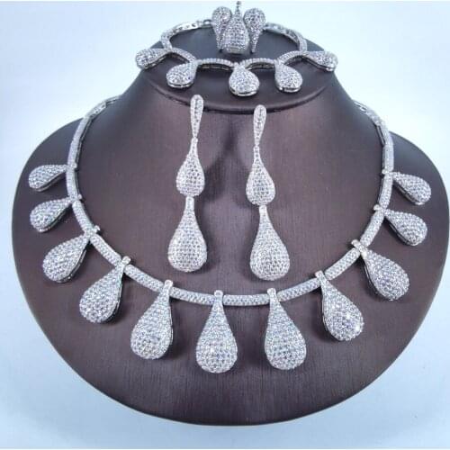 2021 new fashion retra luxury crystal water drop CZ zircon necklace earring bracelet ring set wedding bride dressing jewelry set