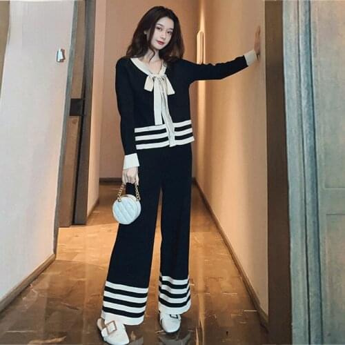 Autumn Winter Knitted Womens Tracksuit Patchwork Bow Single Breasted Cardigan Tops + Wide Leg Pants Hit Color Two Piece Set