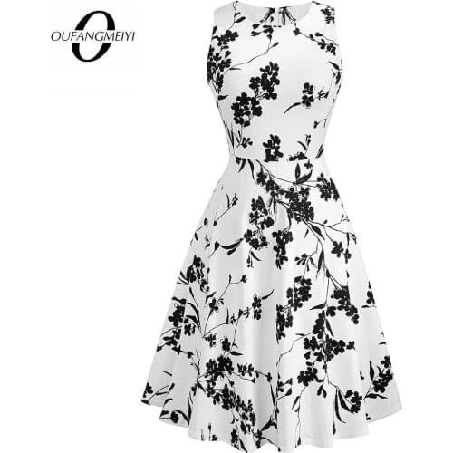 Summer Women Vintage Black Floral Print Sleeveless Swing A-line Elegant Lady O-Neck Knee-Length Dress EA099