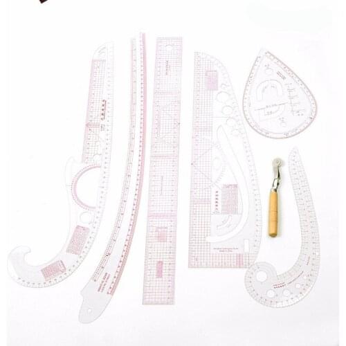 7PCS/Set Ruler Tailor Measuring Kit Clear Sewing Drawing Ruler Yardstick Sleeve Arm French Curve Ruler Set Cutting Paddle Wheel