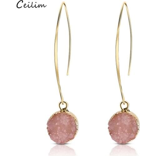 Fashion Gold Color Round Fake Druzy Earring For Women 2020 Bohemian Handmade Pink Resin Stone Long Drop Earrings Design Jewelry