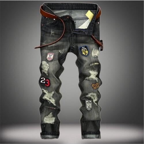 Mens Jeans Fashion Brand Jeans Pants Men Slim Jean Patchwork Letter Plus Size Moto & Biker Jean Pants Gray Hole Jean Pant