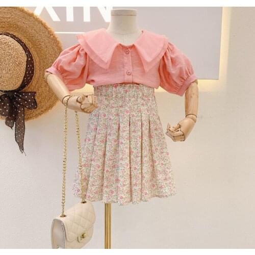 2021 New Baby Girls Summer Fashion Sets, Pink Top + Printed Skirts Wholesale 5 sets/lot