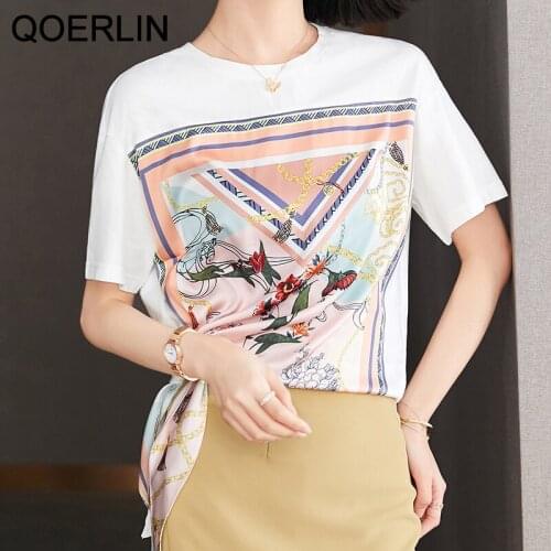QOERLIN Lace-up T-shirt Girl Summer Short Sleeve Female Stitching Retro Printed Tops Plus Size Chic White Women Tees Shirt S-2XL