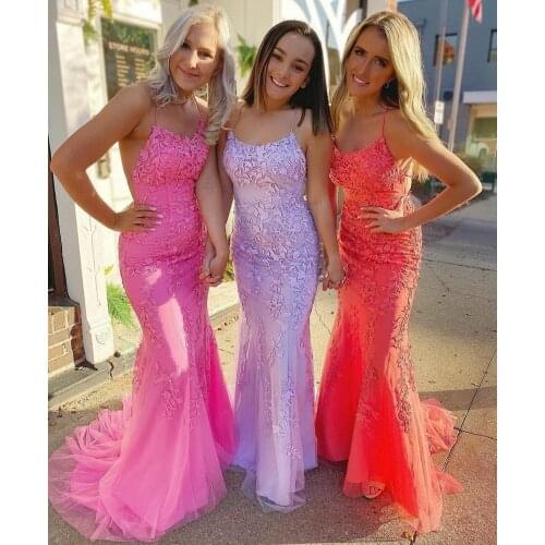 Sexy Long Lace Prom Dresses Mermaid Criss Cross Back Sweep Train Spaghetti Robe De Soiree Pleated Formal Party Gown