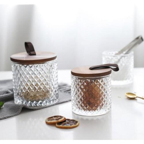 Glass Storage Tank With Wood Cover Spices Sugar Jar Container Kitchen Food Bottle Coffee Beans Tea Caddy 1pc