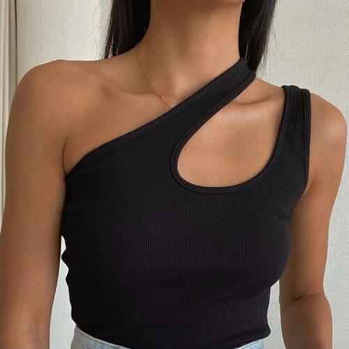 Asymmetrical shoulder strap top ladies tank tops solid color tight-fitting slim-fit knit tank tops women knitwear