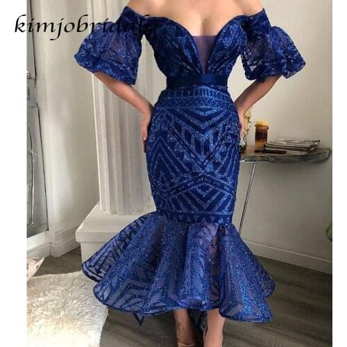 SuperKimJo gliter royal blue prom dresses sequins sparkly high front and low back ruffle off the shoulder evening dresses gowns