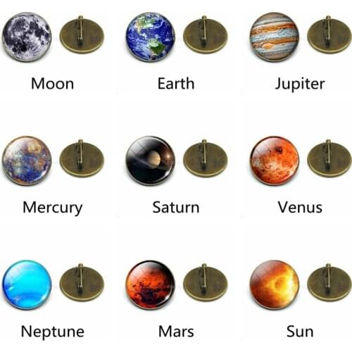 Galaxy Planet Pins Solar System Moon Earth Sun Glass Brooch Badge for Women Shirt Bag Decoration Outer Space Jewelry