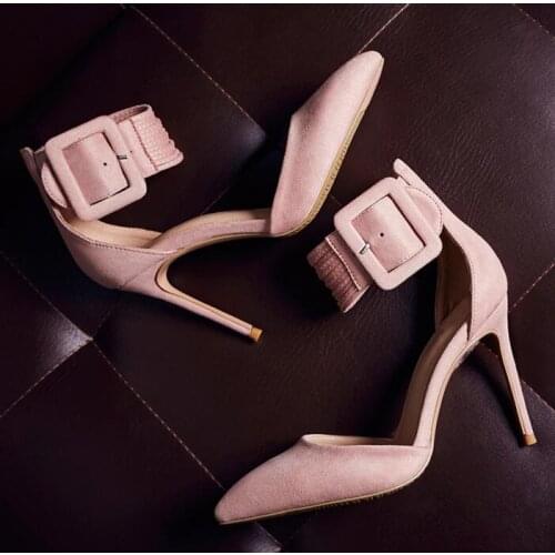 New Arrivals Big Ankle Buckle Women Shoes High Heels Pointed toe Cut-out Strap Thin Heels Women Pumps Black Blue Suede Shoes