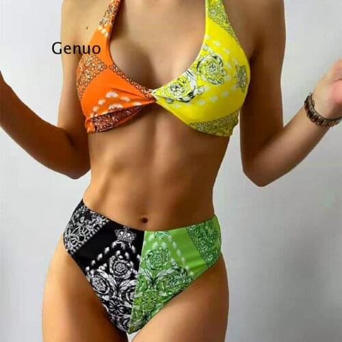 Printed Splicing Female Swimsuit High Waist Women Swimwear Two-Pieces Bikini Halter Suit Swim 2021 New Style