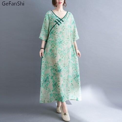 2021 Casual Loose Print Short Sleeve Dress Elegant Ladies Fashion Cotton Linen Cheongsam Style V-neck Women Summer Long Dresses