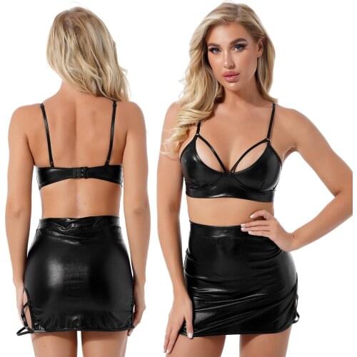 Womens Erotic Lingerie Suit Adjustable Spaghetti Strap Bra Hollow Out Mini Skirt with G-String Thong Wetlook Patent Leather Set