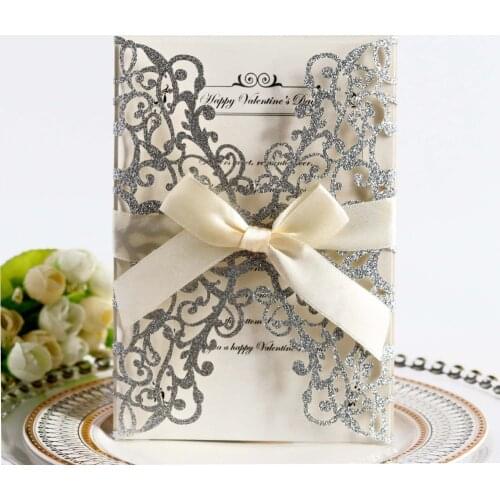 100pcs Glittery Wedding Invitations Laser Cut Invites Cards with Bow Envelopes for Wedding Birthday Party Supplies, Customizable