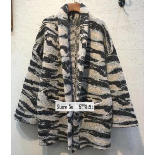 2021SS Zebra Animal Print Women sweaters Alpaca Wool Coat Drop Shoulder Oversize Cashmere Cardigan Seam Pockets Long Sleeves