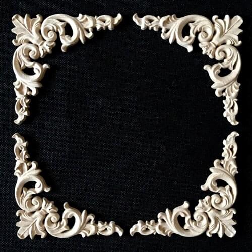 4pcs Wood Carving Flower Appliques Frame Home Furniture Cabinet Door Decorative Wooden Mouldings Miniature Craft