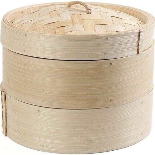 Bamboo Steamer 2 Tier 8 Inch Dim Sum Basket Rice Pasta Cooker Set with Lid By Steam Basket for Vegetables