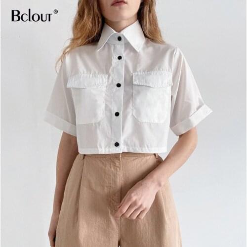 Bclout Office White Button Up Shirt Blouses Slim Turn Down Collar Casual Blouse Woman 2021 Summer Fashion Ladies Tops Pockets
