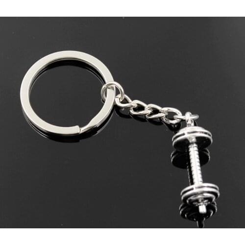 New Fashion Men 30mm Keychain DIY Metal Holder Chain Vintage Fitness Equipment Dumbbell 34x12x12mm Silver Color Pendant Gift