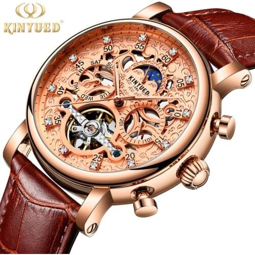 KINYUED Diamond Dial Mens Watches Top Brand Luxury Genuine Leather Moon Phase Skeleton Tourbillon Automatic Mechanical Watches