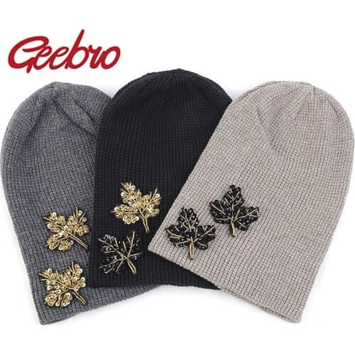 Geebro Fashion Women Tree Beads Rhinestones Knitting Slouch Hats Caps Female Soft Cotton Wool Baggy Thin Ribbed Beanies Hats