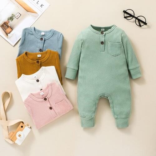 0-24M Newborn Baby Girls Boys Jumpsuits 5 Colors 0-18M Solid Color Long Sleeve O-neck Ribbed Jumpsuit