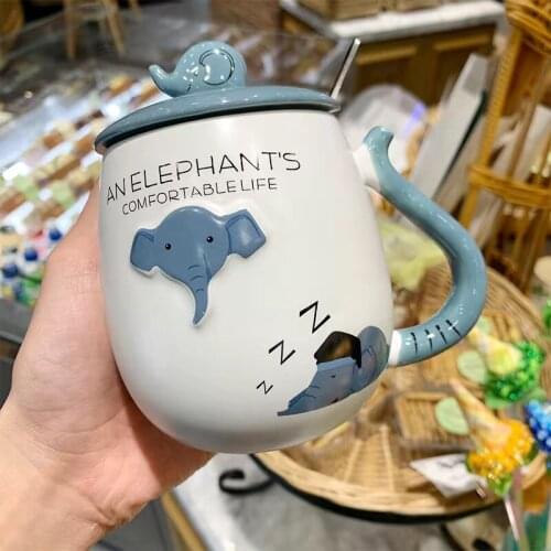 Creative personality cartoon baby elephant ceramic mugs coffee cup with lid with spoon trendy home office couple big belly cup