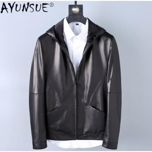 AYUNSUE 2020 New Men Clothing Sheepskin Genuine Leather Jacket Mens Clothes Hooded Jackets Autumn Male Coat Ropa Hombre LXR475