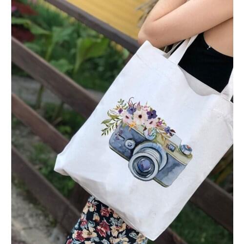 Fashion Vintage Camera Print Reusable Shopping Bag Travel Shoulder Tote Shoulder Bags Foldable Book Harajuku Aesthetic Shopper