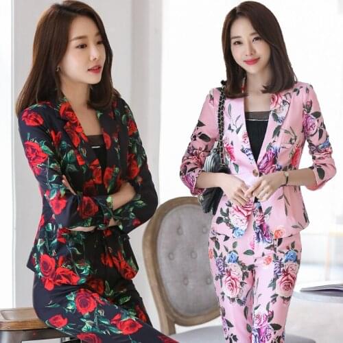 Fashion Womens Slim pant suits long-sleeved printed suit Blazer & pencil pants suit Two-piece set female Formal Suits Jacket