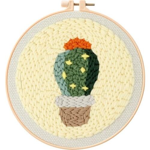Cactus Punch Needle Starter Kit, Beginner Punch Needle Kit with Adjustable Hoop, Yarn, Burlap with a Pattern, English Manual (B)