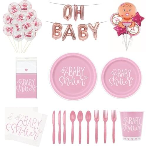 Baby Girl Birthday Party Set Baby Shower Disposable Tableware Set Cups Flag Spoon Knife Napkins Birthday Party Decorations Kids