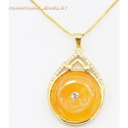 Charms Stone Pendant Chain Round Circle Necklaces & Pendants 23X32mm Natural Jades Yellow Chalcedony Zircon Inlay Jewelry B3353