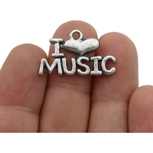 JAKONGO Antique Silver Plated I Love Music Charm Pendants for Jewelry Making Bracelet DIY Accessories 16x27mm 10pcs