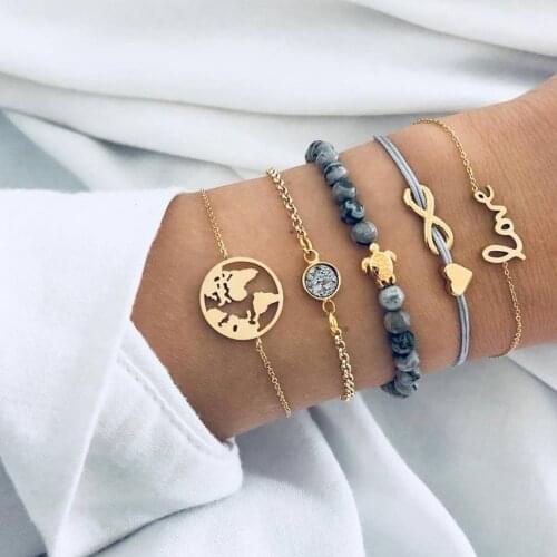 RAVIMOUR 5pcs Charm Bracelets Set for Women Turtle Map Letter Love Druzy Bracelet Men Bijoux Femme Bead Stone Gold Chain Jewelry