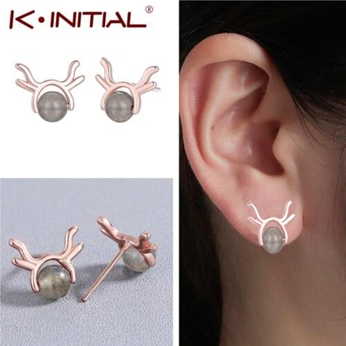Kinitial Fashion Strawberry Quartz Antlers Earrings for Women Cute Animal Little Deers Earrings Statement Christmas Jewelry