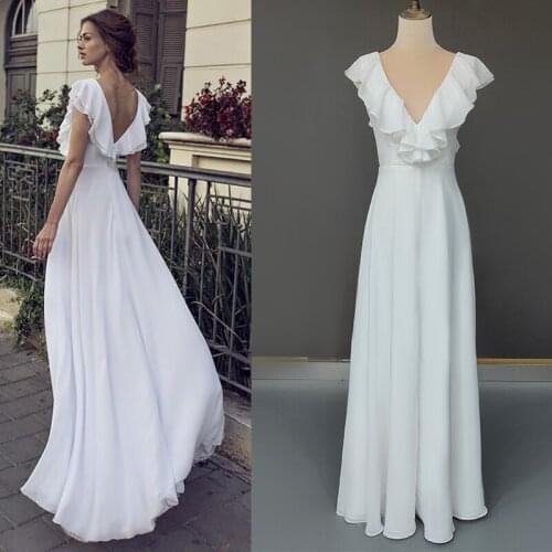 A Line Ruffles Chiffon V Neck Bridal Gowns Summer Open Back Floor Length Custom Made A Line Beach High Slit Wedding Dresses
