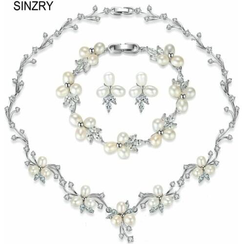 SINZRY elegant bridal jewelry set natural freshwater pearl flower choker necklace earring bracelet set wedding jewelry accessory