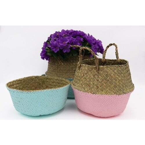 Household Foldable Natural Seaweed Woven Storage Pot Garden Flower Vase Hanging Basket Storage Basket Home Decor Planter