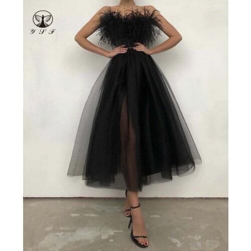 Sexy but Elegant Off the Shoulder Sweetheart Feather Sleeveless Thigh Tulle Tea Length Cocktail Dresses