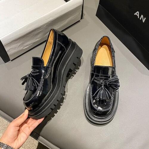 Shiny Real leather loafers women creepers preppy brogue thick heels derby thick soled double tassel oxford shoes woman flats2021