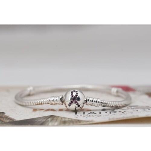 925 Sterling Silver Pan Bracelet for Women Mosaic crystal red ribbon Clap Snake Chain fit Lady Bead Charm Pendant