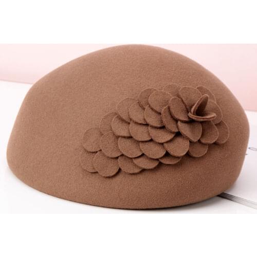 H725 Woolen Felt Beret Hat Women Autumn Winter Solid Color Flower Warm Elegant Cap Girl Fashion Casual High Quality Church Hats