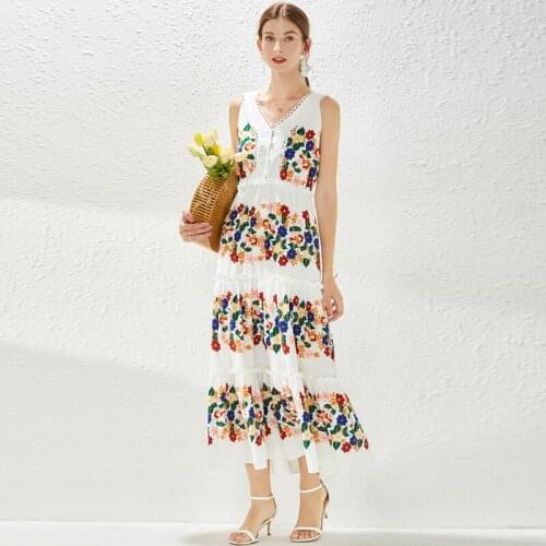 Womens Hollow Out Sleeveless V Neck Tank Ruffles Button Floral Print Elastic Waist Maxi Vestidos Bohemia Flower Dress 3119